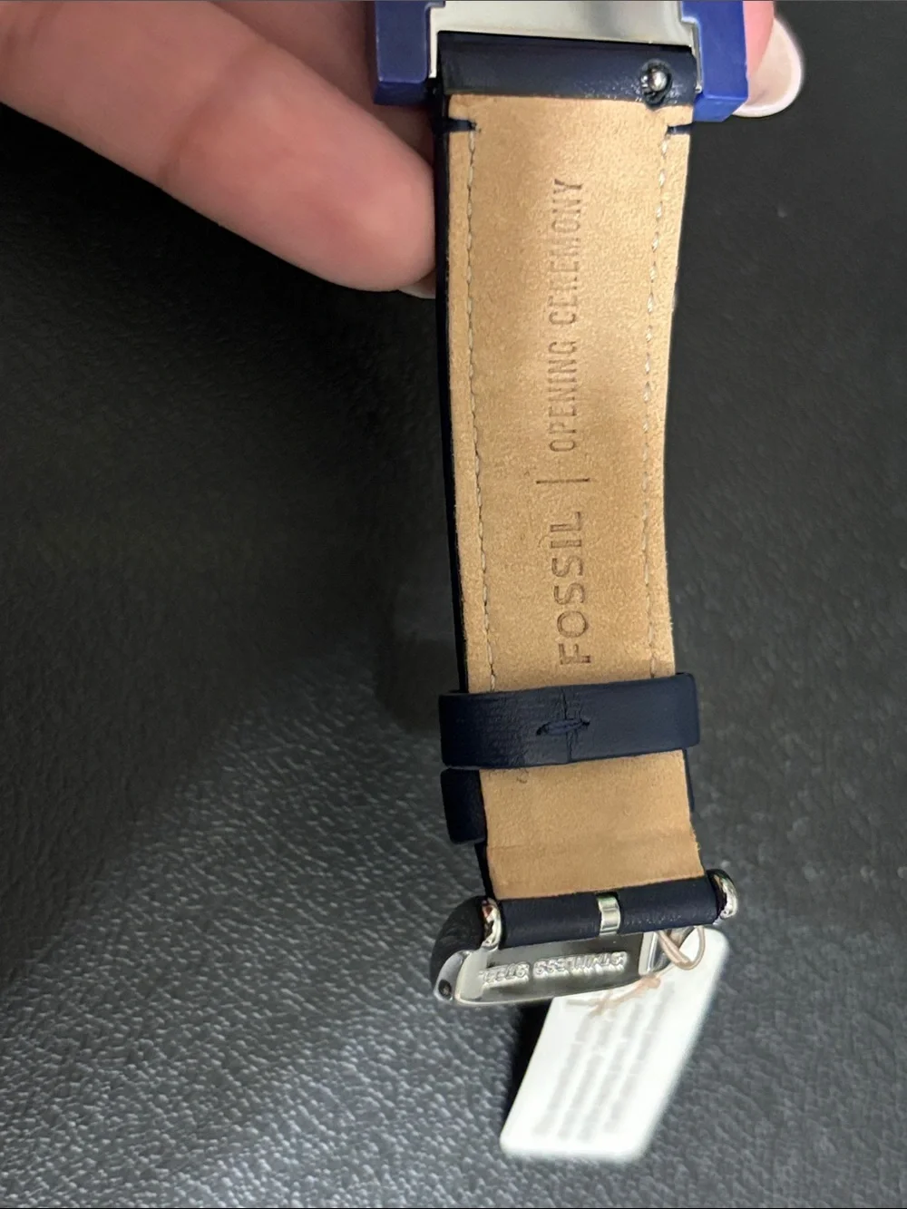 Fossil Blue Marble Rectangle Dial Navy Leather Watch